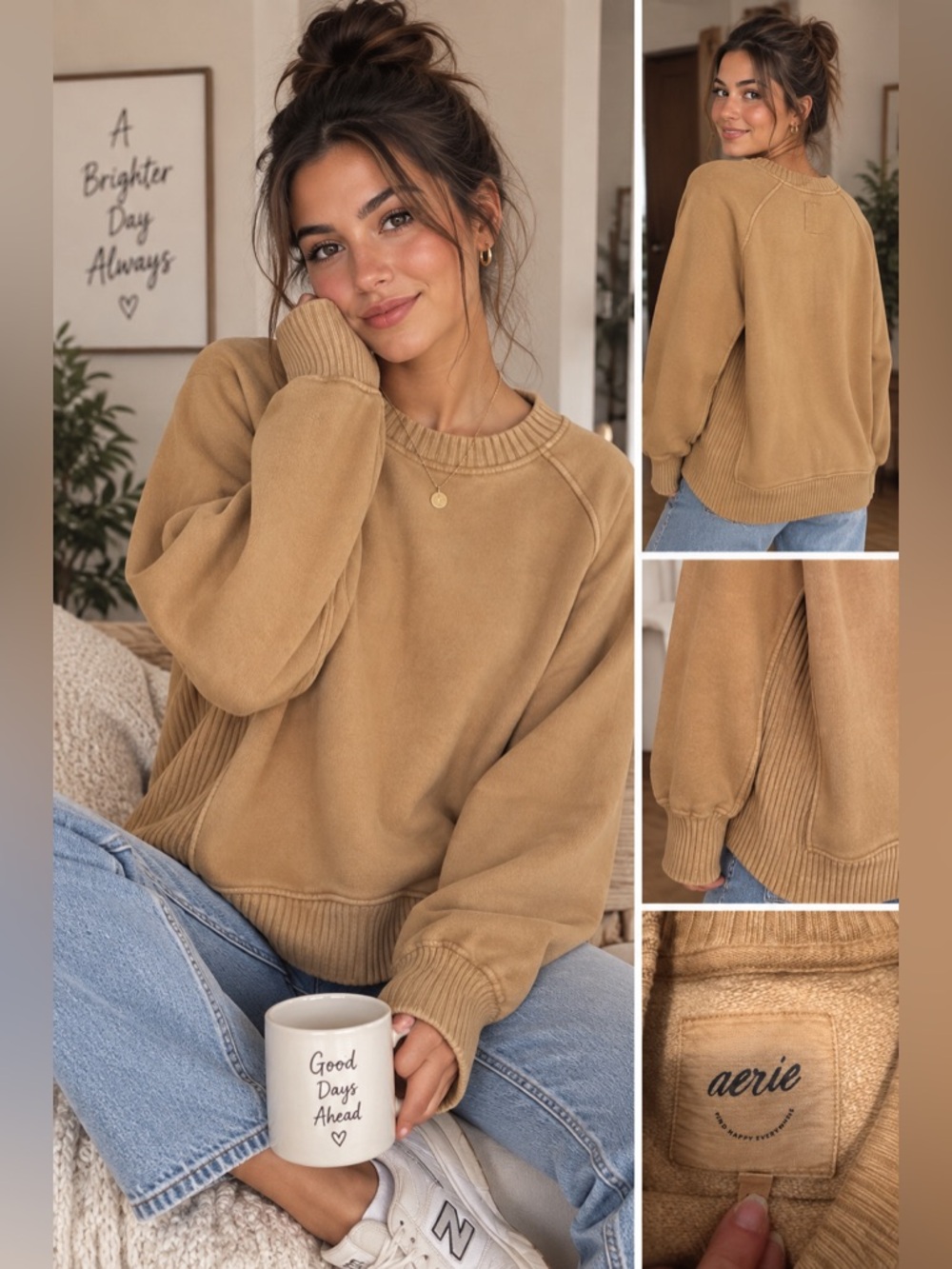 Aerie Down To Earth Oversized Tan Crewneck Sweatshirt